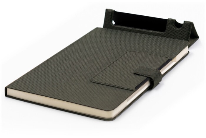 Notebook with Integrated Phone Stand & Pen Holder